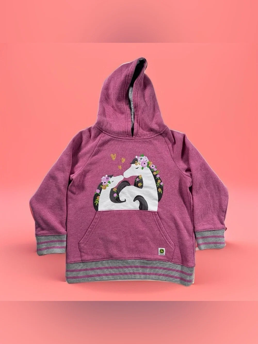 John Deere Girls Pink Floral Horse Graphic Pullover Hoodie - Size 6X